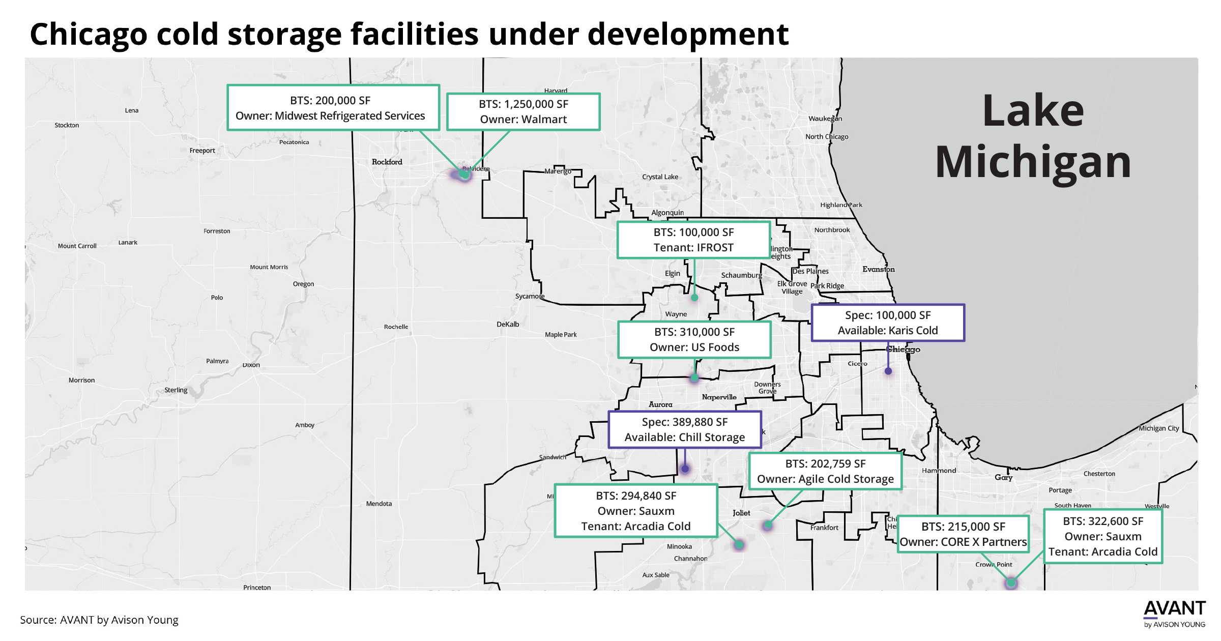 Map shows industrial cold storage facilities that are currently under development around Chicagoland.